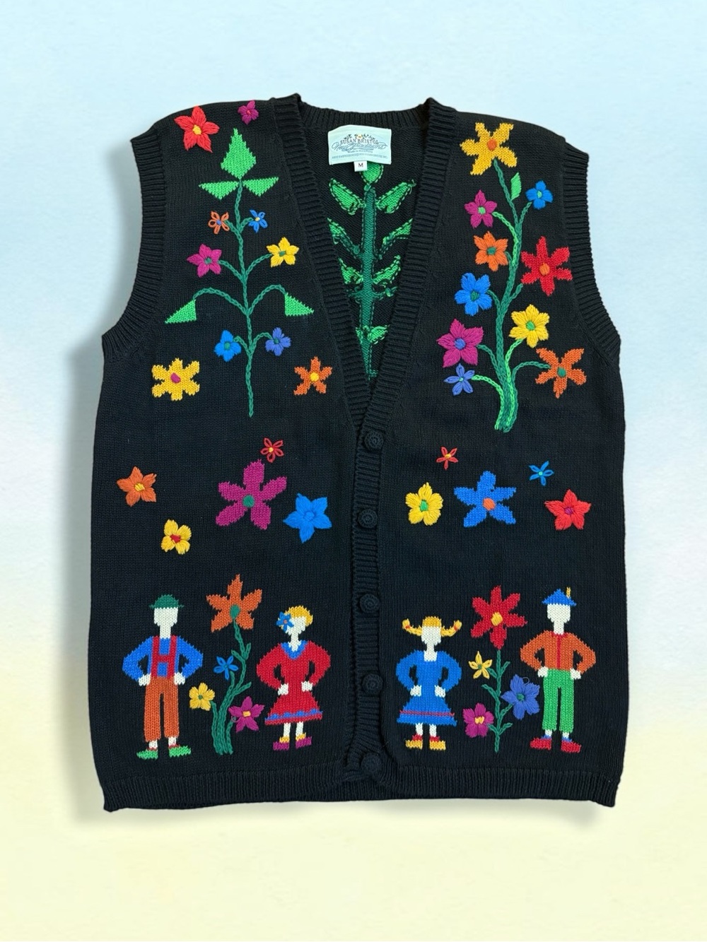 Susan Bristol Vintage 90s Hand Embroidered Sweater Vest M Black Folk Art Floral